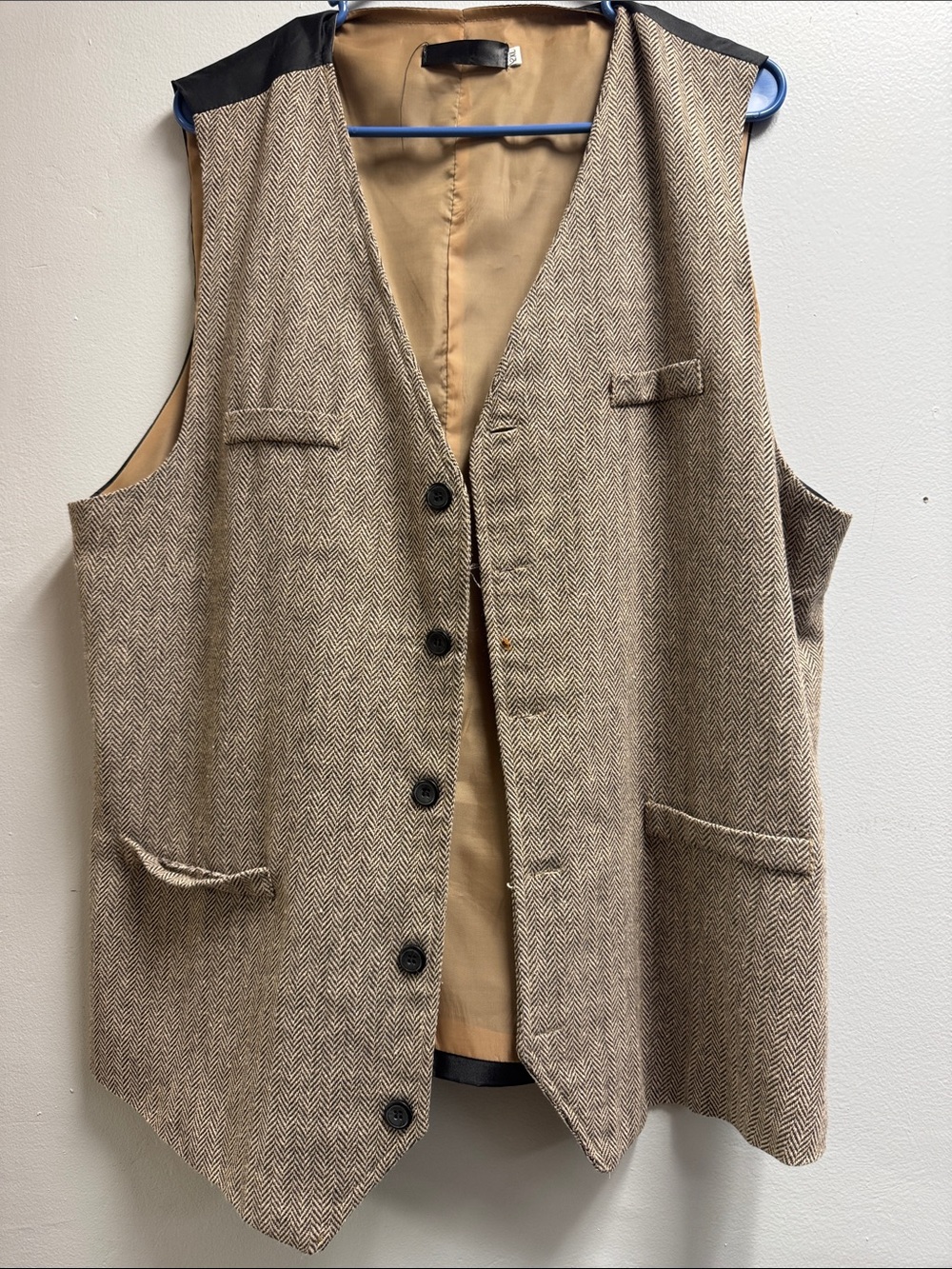 Classic Herringbone Wool Vest in Tan